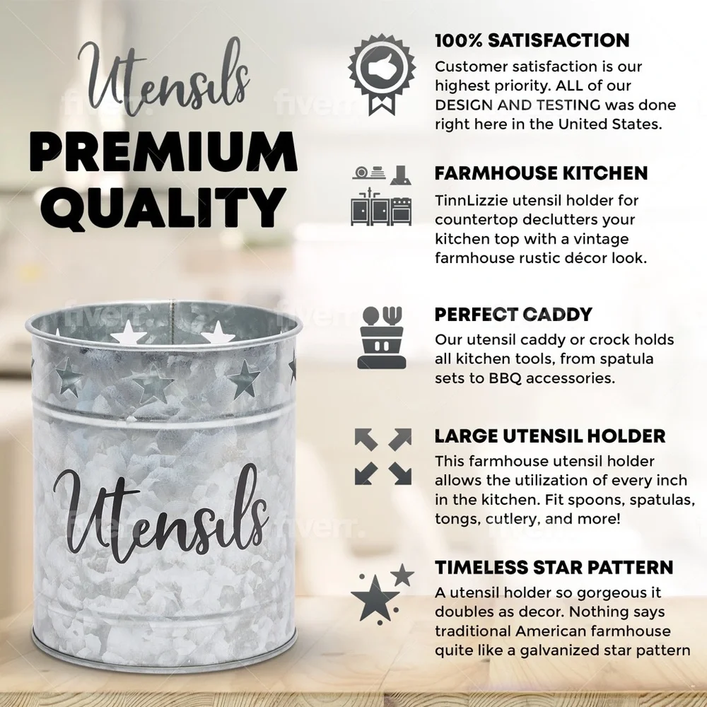 Large Metal Galvanized Utensil Holder for Countertop in Kitchen -‎ TinnLizzie